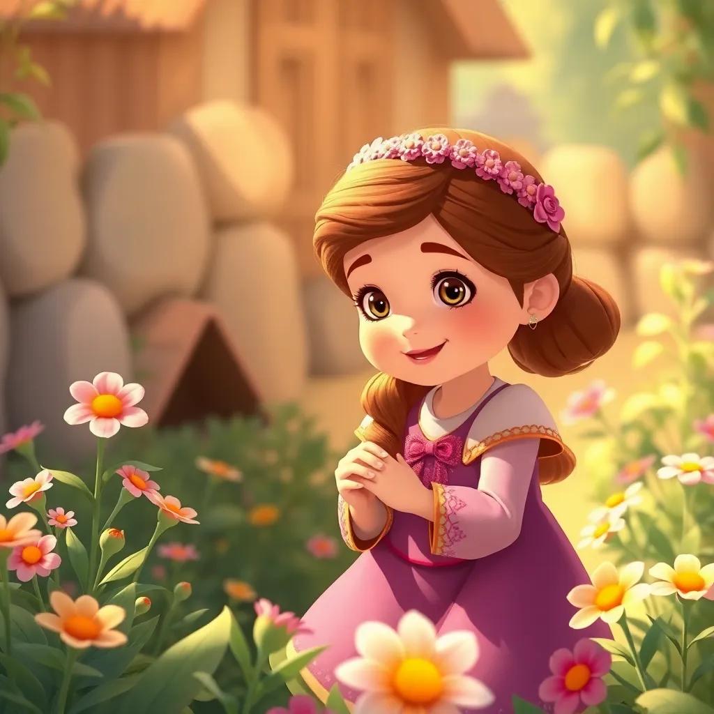 Young Clara, happily helping villagers in the kingdom with small gestures of love, surrounded by flowers blooming in her garden, warm colors, heartwarming moment, illustrative style, uplifting atmosphere