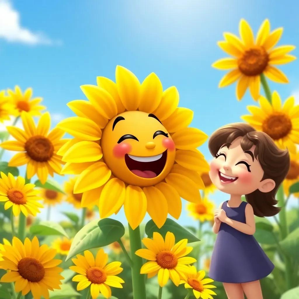 A playful sunflower named Sol, smiling and laughing with Clara in the garden, with vibrant sunny flowers around them, bright blue sky, cheerful and friendly scene, colorful cartoon art