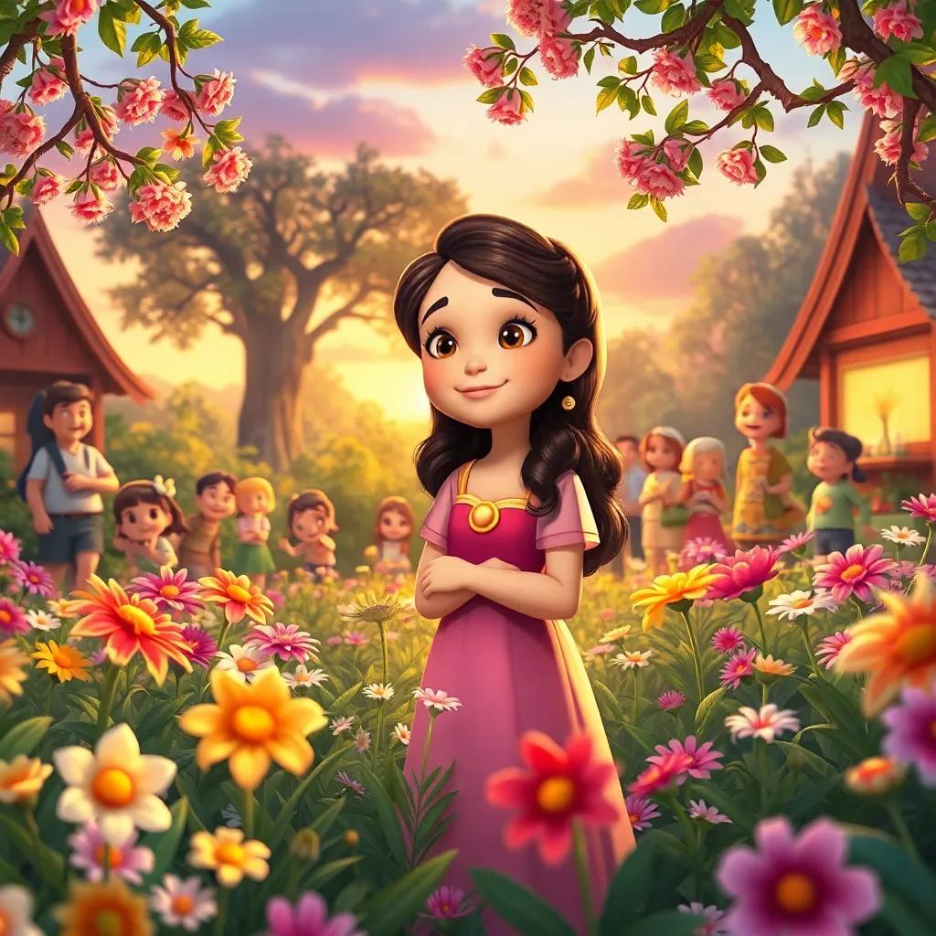 Clara in her garden, with flowers blooming all around her, surrounded by happy villagers enjoying the beauty, sunset lighting, warm and inviting, storybook illustration, vibrant colors and joyful expressions