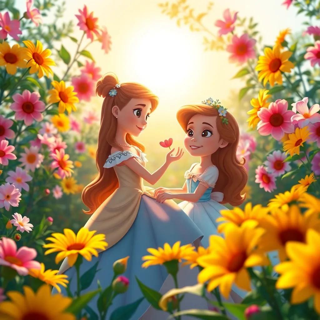 Isabella con la flor mágica Rosa, ambas sonriendo en un jardín lleno de girasoles y orquídeas, los colores danzando bajo luz del sol, ilustración, alegre y colorido, perspectiva luminosa, detalle encantador