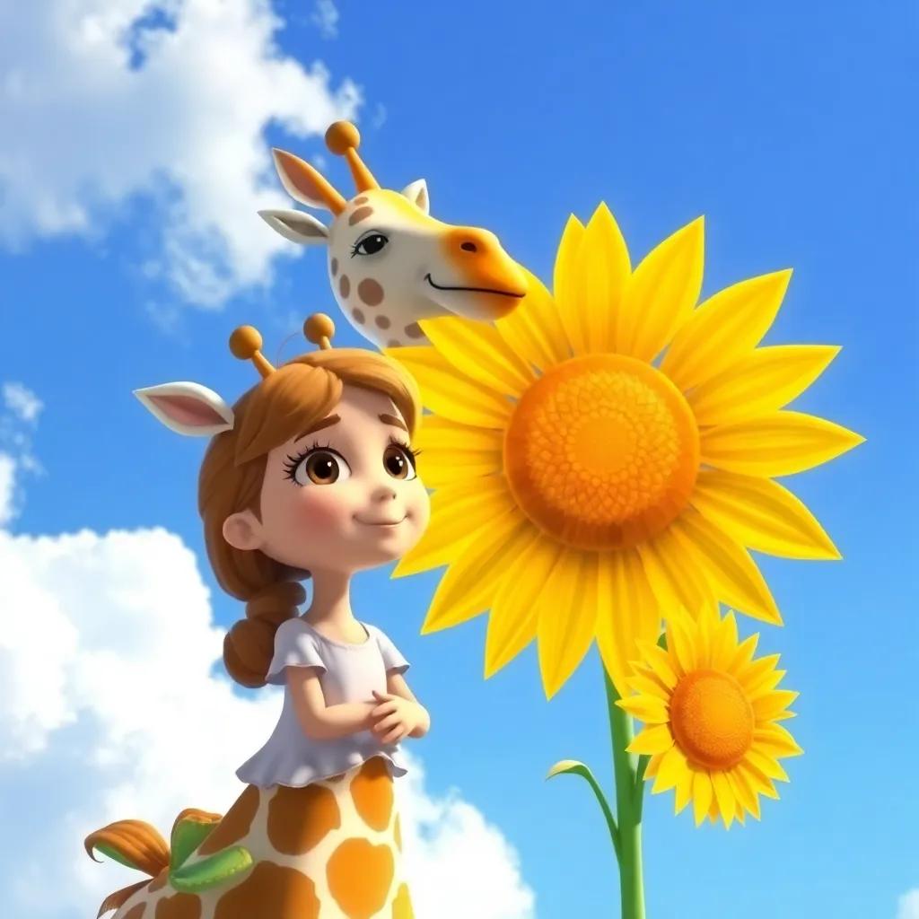 Isabella junto al girasol que le enseña sobre la alegría, el girasol alto y brillante, con un fondo de cielo azul y nubes blancas, arte digital, alegre, con un enfoque encantador, perspectiva alegre