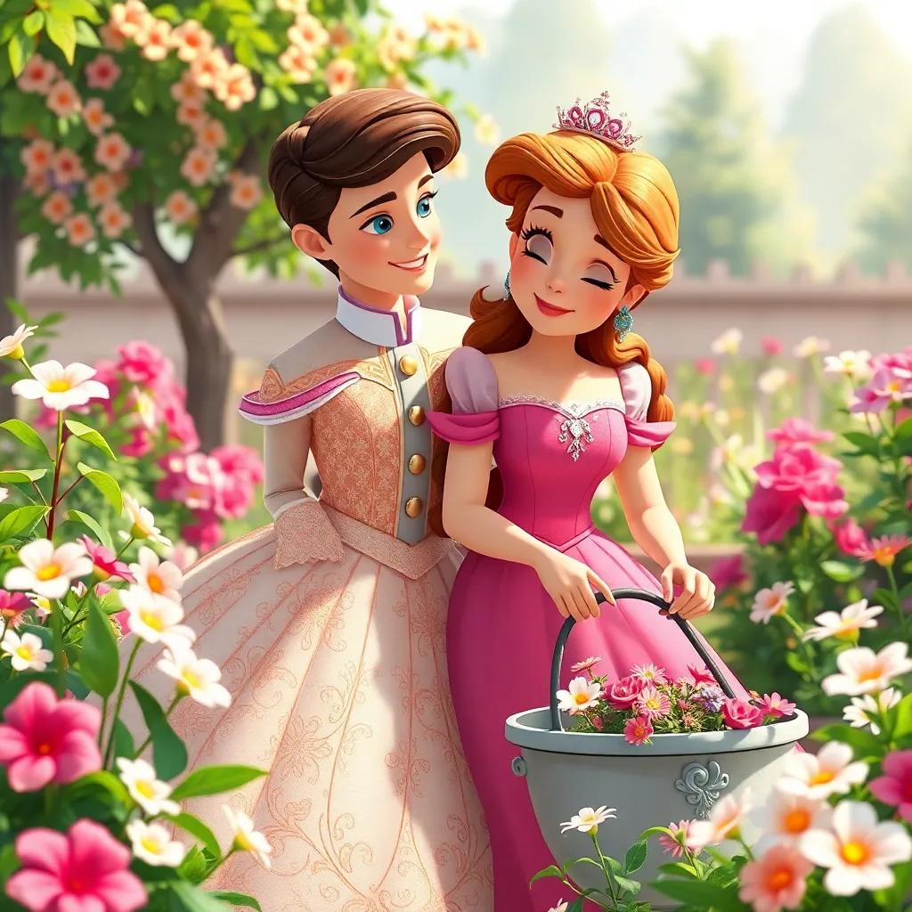 Isabella y Alejandro, un príncipe con ropa elegante, ambos riendo mientras cuidan el jardín juntos, rodeados de flores brillantes y frescas, ilustración, cálidos colores, atmósfera amigable, perspectiva feliz