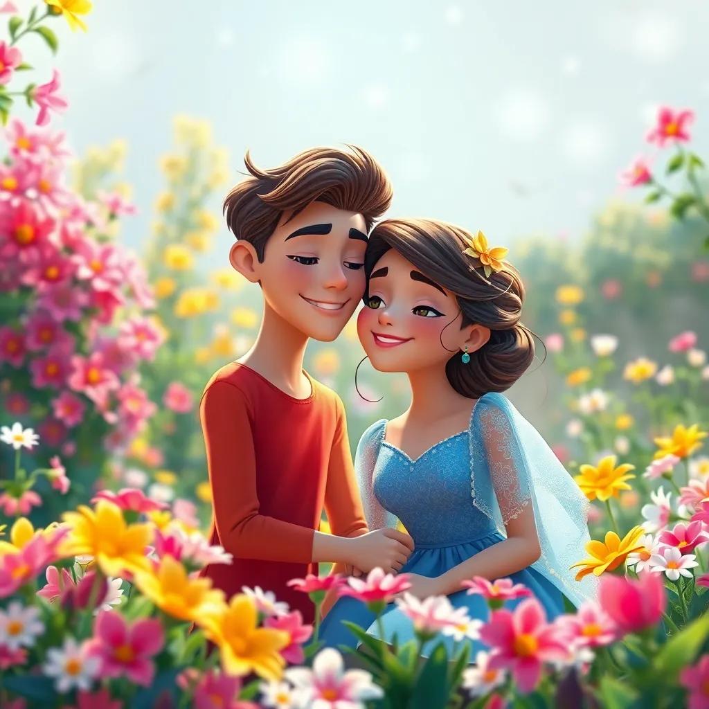 Isabella y Alejandro, sonriendo en su jardín floreciente, rodeados de flores radiantes y brillantes, simbolizando el amor y la amistad, digital painting, colores vibrantes, atmósfera mágica, vista amplia