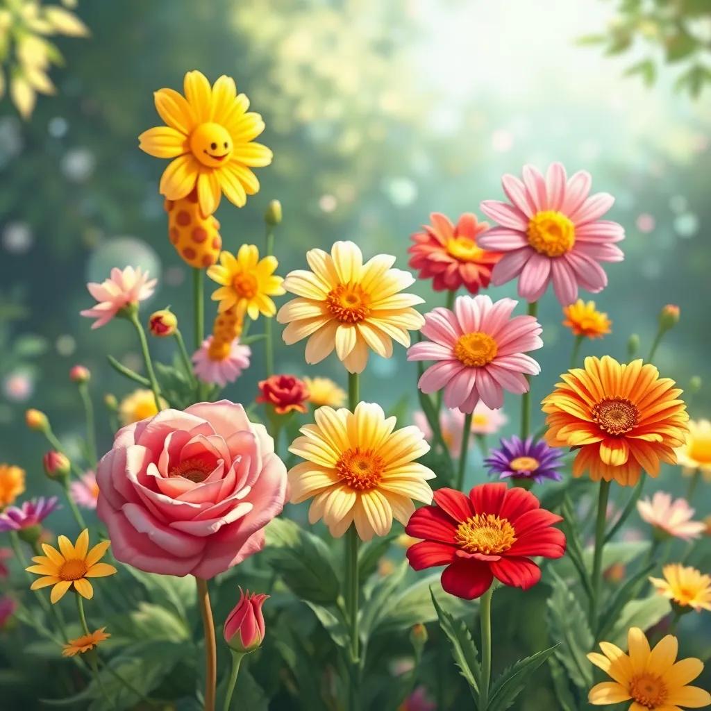 Un jardín mágico con flores de diversos colores, cada flor con su propia personalidad: rosas alegres, margaritas sabias y girasoles brillantes, illustration, colorido, detallado, perspectiva amplia, arte infantil
