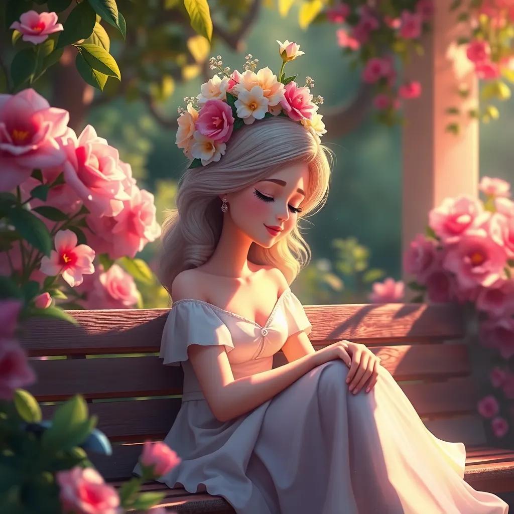 Rosa con una corona mágica hecha de flores, sentada en un banco del jardín, sonriendo mientras escucha secretos de flores, digital painting, suave, cálido, atmósfera mágica