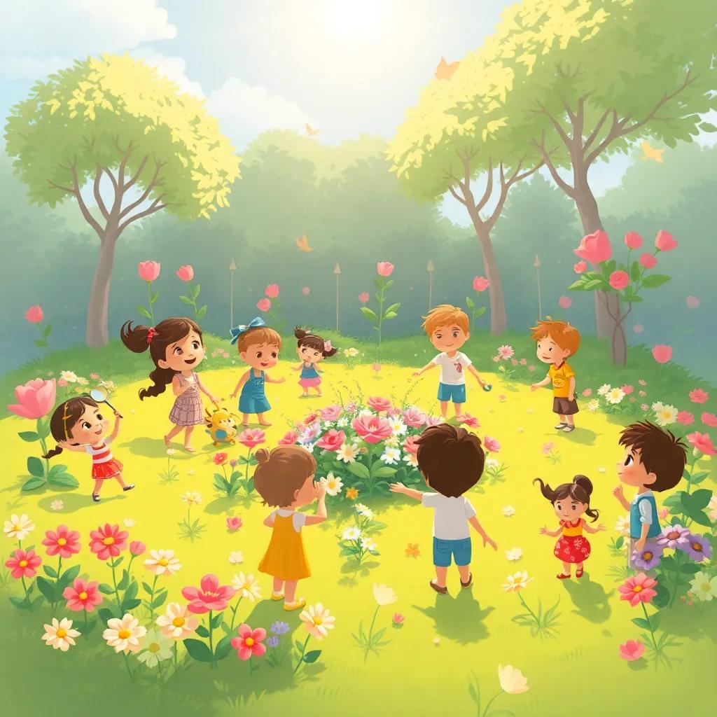 Una gran fiesta en el jardín de Rosa, niños riendo y jugando alrededor, algunos cuidando las flores, el sol brilla sobre el jardín, escena vibrante, alegre y festiva, ilustración infantil