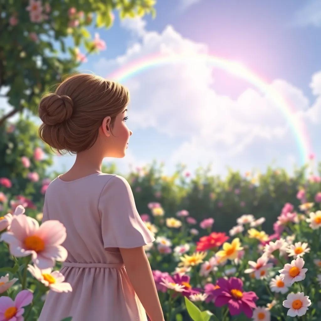 Rosa mirando feliz su jardín lleno de flores brillantes, con un gran arco iris en el cielo detrás, simbolizando amor y amistad, digital art, colorido, esperanzador, calidad excepcional