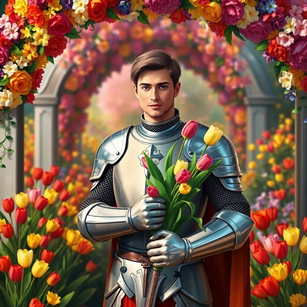 A brave knight, Max, standing in a garden with colorful flowers, holding a bouquet of tulips, wearing shining armor, gentle expression, under a colorful arch of flowers, bright and inviting, digital painting, vibrant colors, romantic scene, high definition