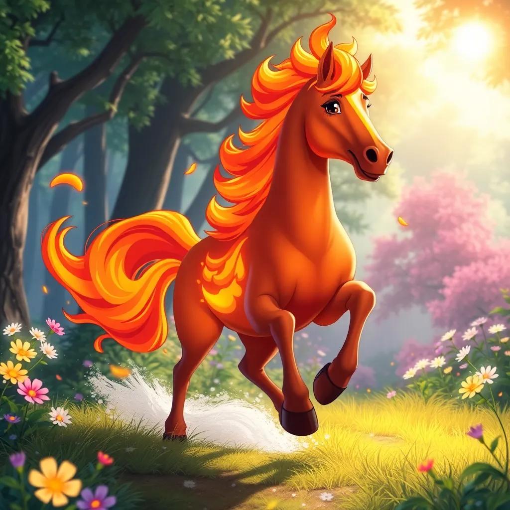 A magical horse made of fire named Fuego, galloping in a beautiful enchanted forest with sparkling flowers, the sun shining down, illustration, lively, adventure-themed, bright colors