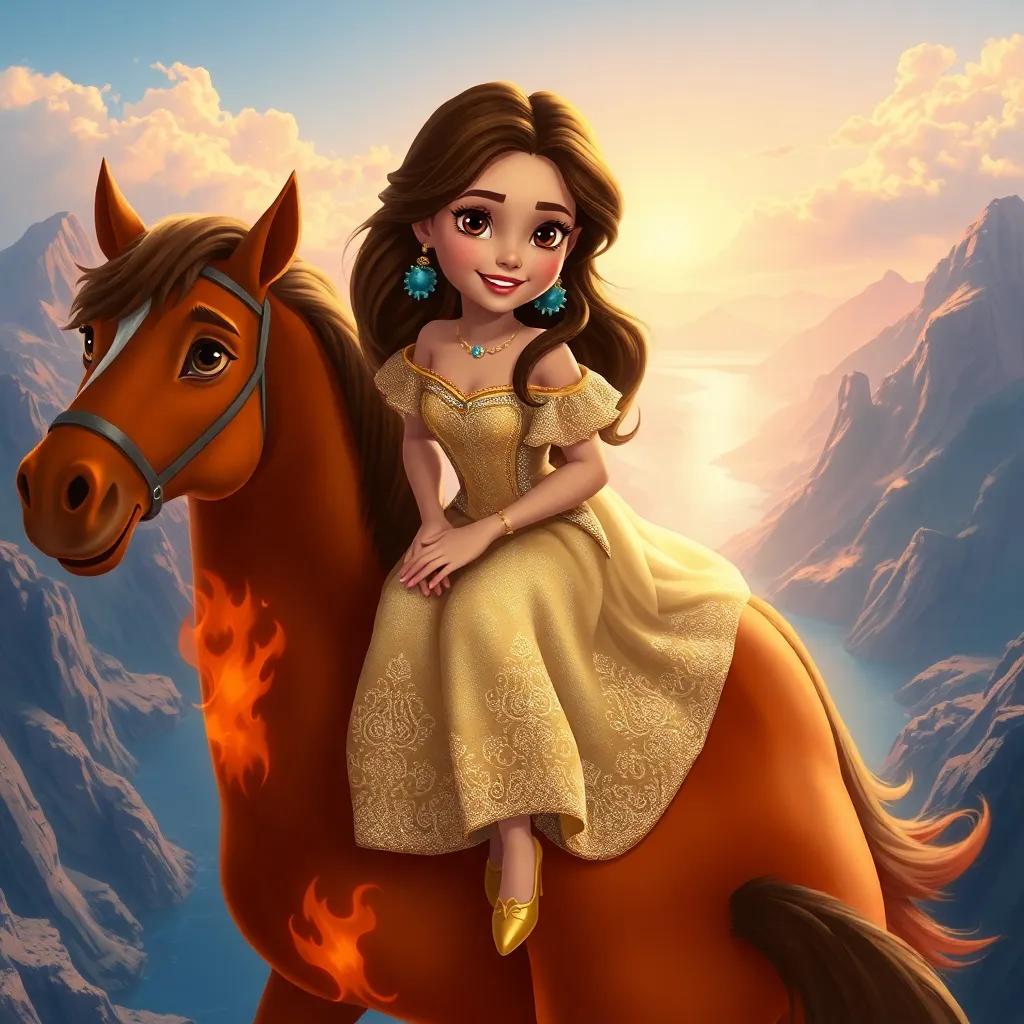 Sofía, a brave princess with long brown hair and a sparkling dress, sitting on Fuego, the fiery horse, flying over tall mountains and blue rivers, adventure in the air, digital painting, detailed, uplifting