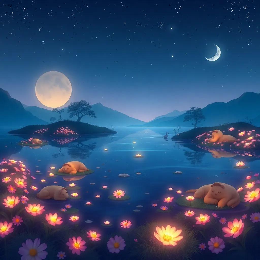 A special lake with glowing flowers and sleeping animals around, a magical scene with soft light reflecting on water, giving a sense of peace, illustration, colorful, serene atmosphere, storytelling view