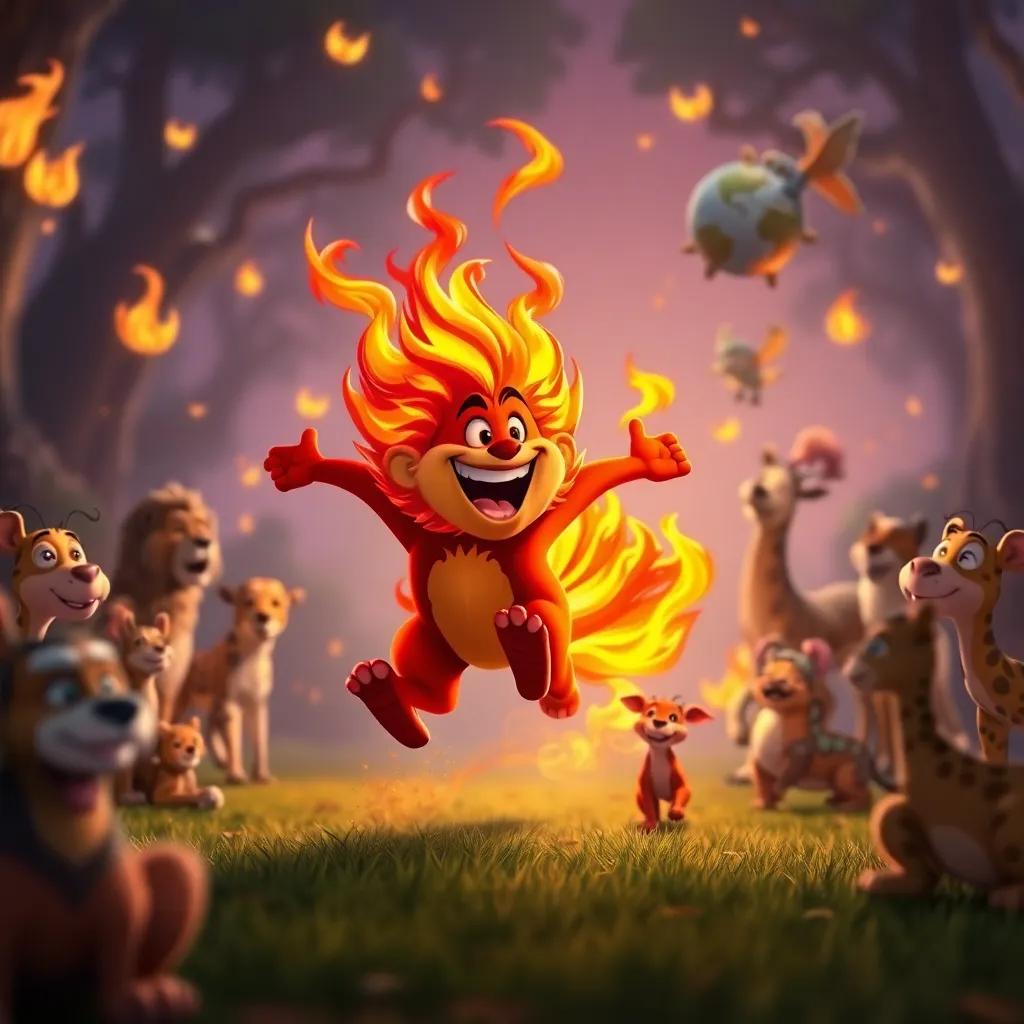 Fuego running fast with flames around him, as Sofía joyfully calls out to the animals, bright laughter filling the air, surrounded by animals waking up, cheerful colors, heartwarming scene, high quality