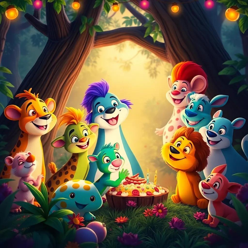 The animals of the forest waking up happily, with smiling faces, around Sofía and Fuego as they celebrate, bright colors, joyful gathering, colorful and inviting atmosphere