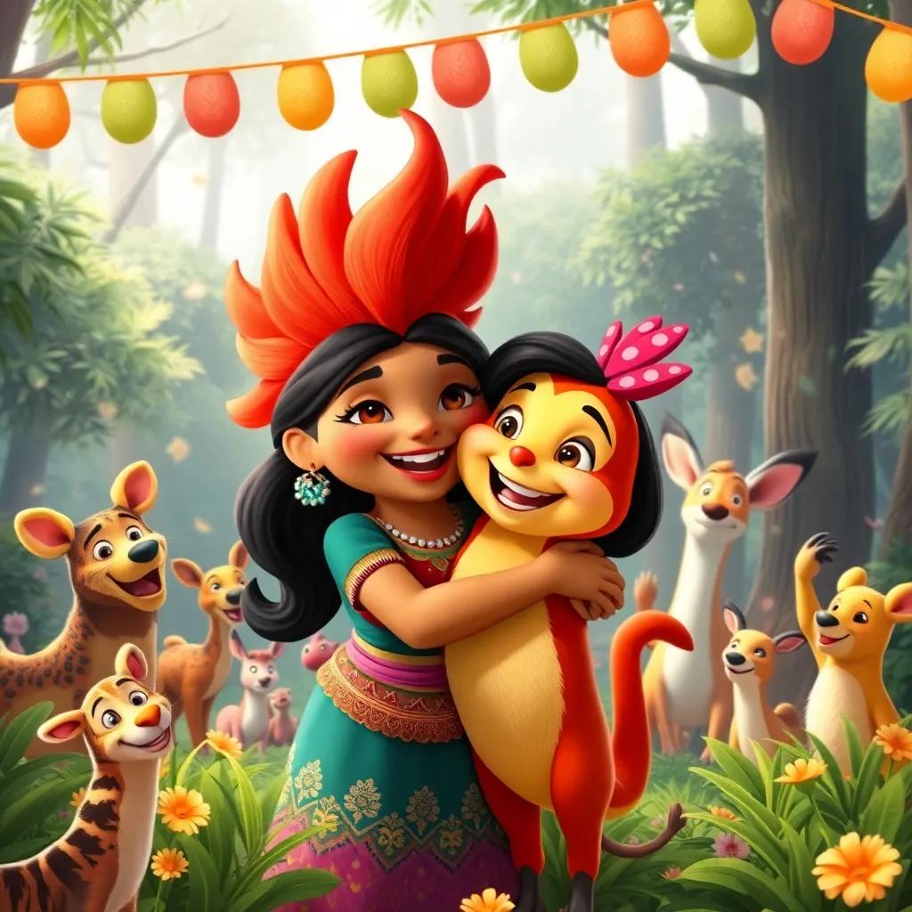 Sofía with a big smile, hugging Fuego, with surrounding animals in a grand celebration in the forest, joy and friendship all around them, lively and colorful, heartwarming