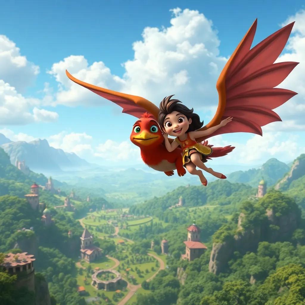 Fuego and Sofía happily flying above the enchanted kingdom, with lush greenery and captivating landscapes below, digital art, imaginative and vibrant colors, a sense of adventure