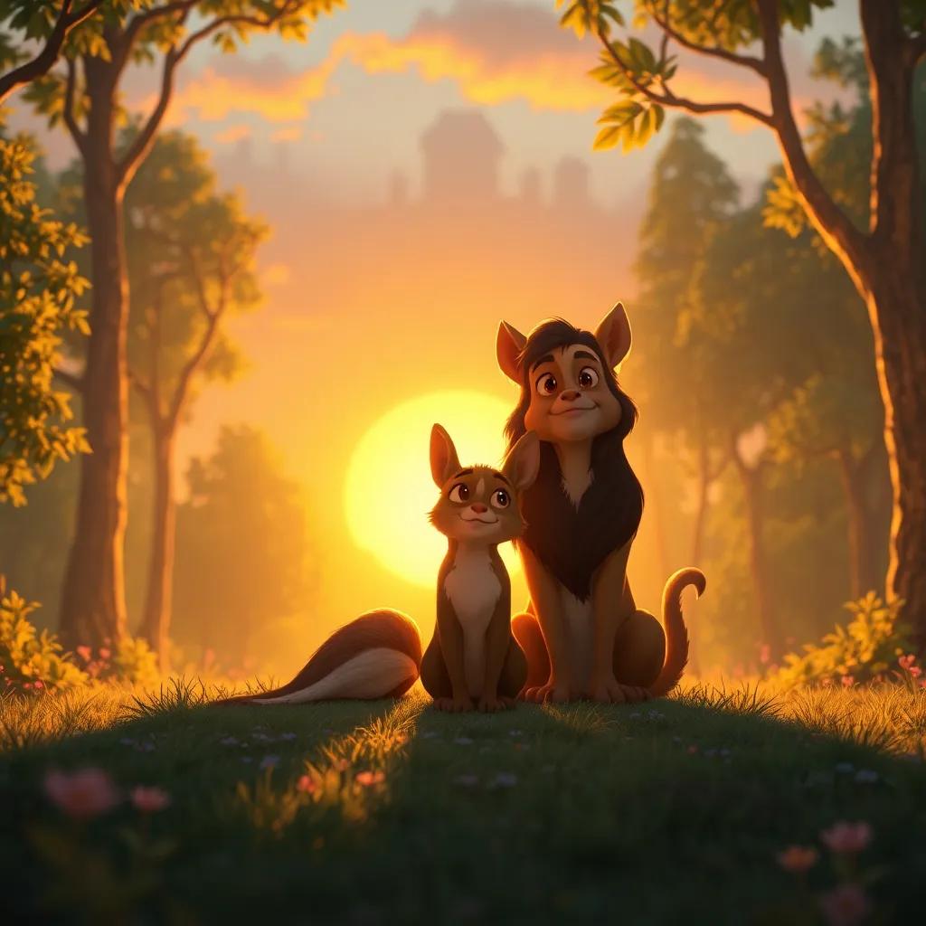 A bright sunset in an enchanted forest with Sofía and Fuego sitting together, reflecting on their adventures, a peaceful backdrop, golden and warm light, inviting and nostalgic