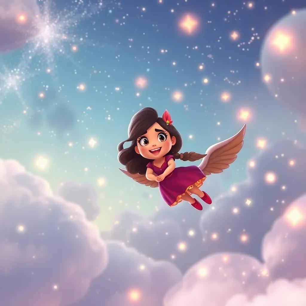 Sofía and Fuego together flying in the sky, surrounded by stars and glittering lights, celebrating their friendship with a sense of wonder, sparkling and magical, fantastic view, charming ambiance