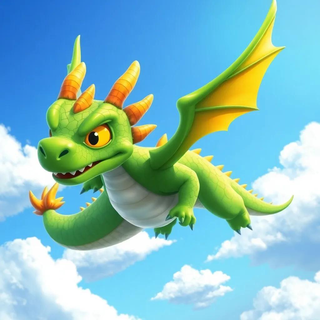 A large green dragon, Drak, with shiny scales and golden eyes flying in the blue sky, surrounded by fluffy white clouds, dynamic scene, illustration, cheerful, high quality