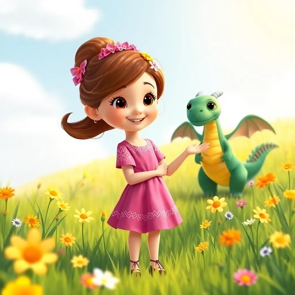 Sofía, a young girl with brown hair in a pink dress, standing in a sunny meadow calling the dragon, bright flowers around her, friendly atmosphere, colorful illustration, high quality
