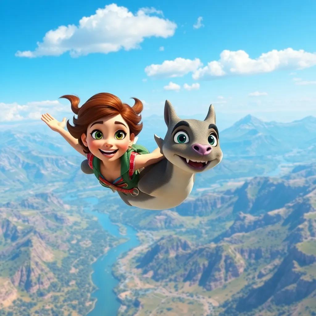Sofía and Drak flying together over a beautiful landscape with mountains and rivers, both smiling happily, adventure-themed, bright blue skies, high quality, digital art