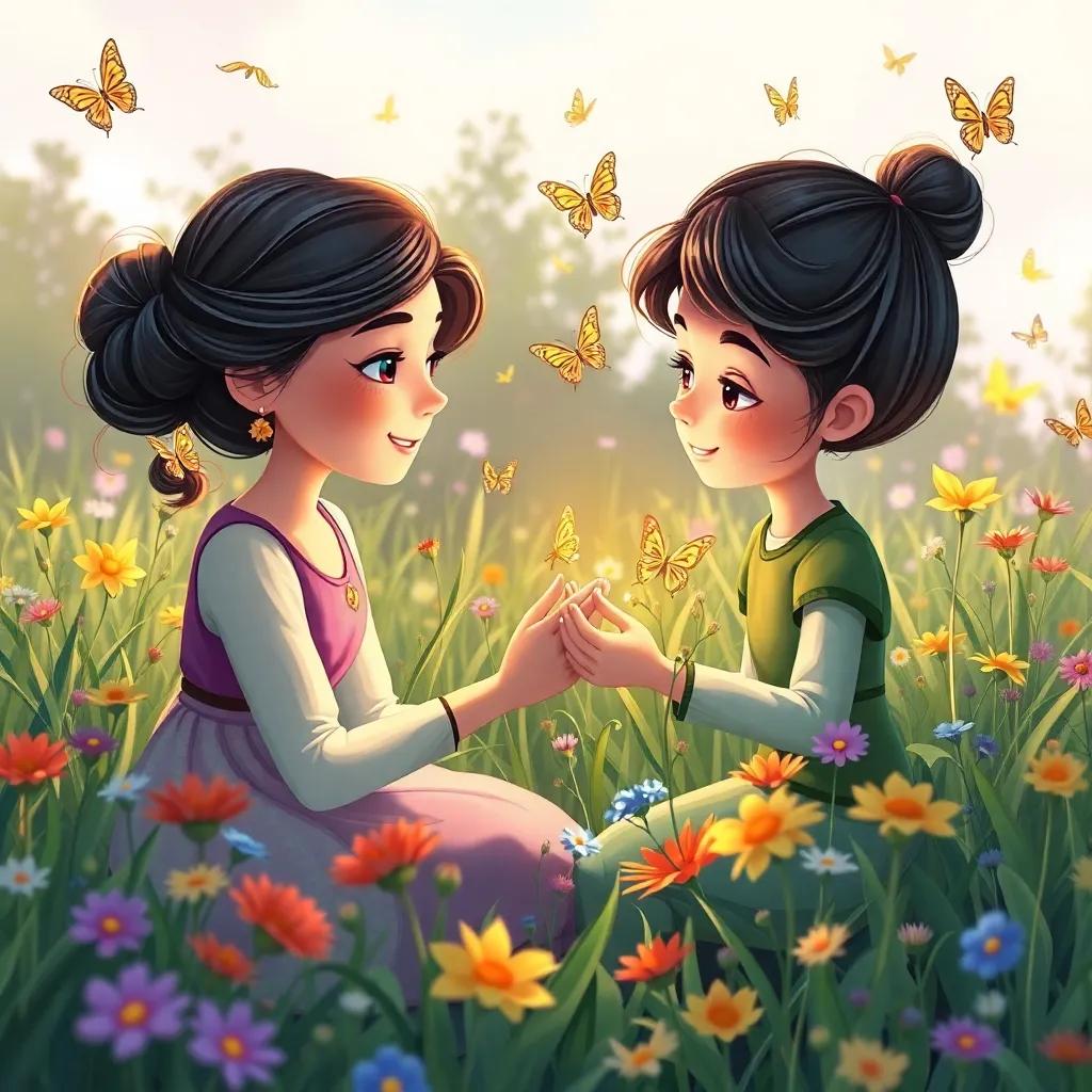 Sofía showing Drak how to play with flowers in the meadow, colorful butterflies flying around, lovely atmosphere, whimsical illustration, high quality