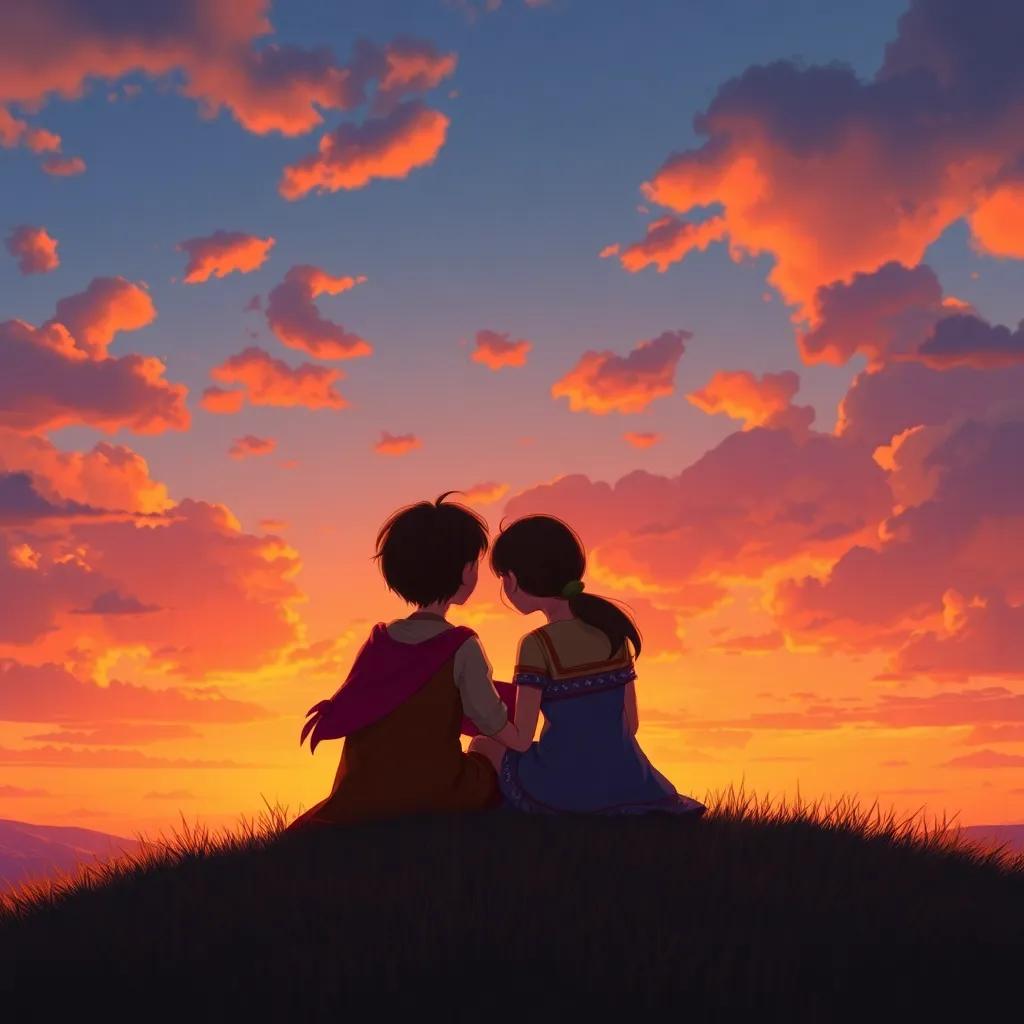 A beautiful sunset with Sofía and Drak sitting together on a hill, looking at the sky while sharing a story, warm colors, heartwarming scene, high quality