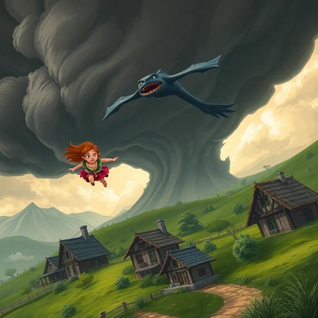 A scary storm approaching the village as Sofía and Drak fly over, determined expressions, dynamic energy, illustration, dramatic sky, high quality