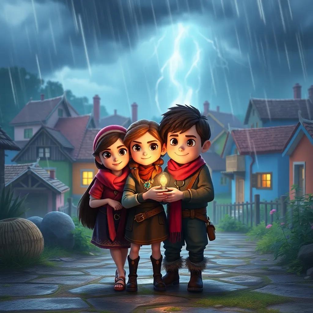 Sofía and Drak helping villagers find shelter during the storm, teamwork atmosphere, colorful houses in the background, digital art, friendly and safe scene, high quality