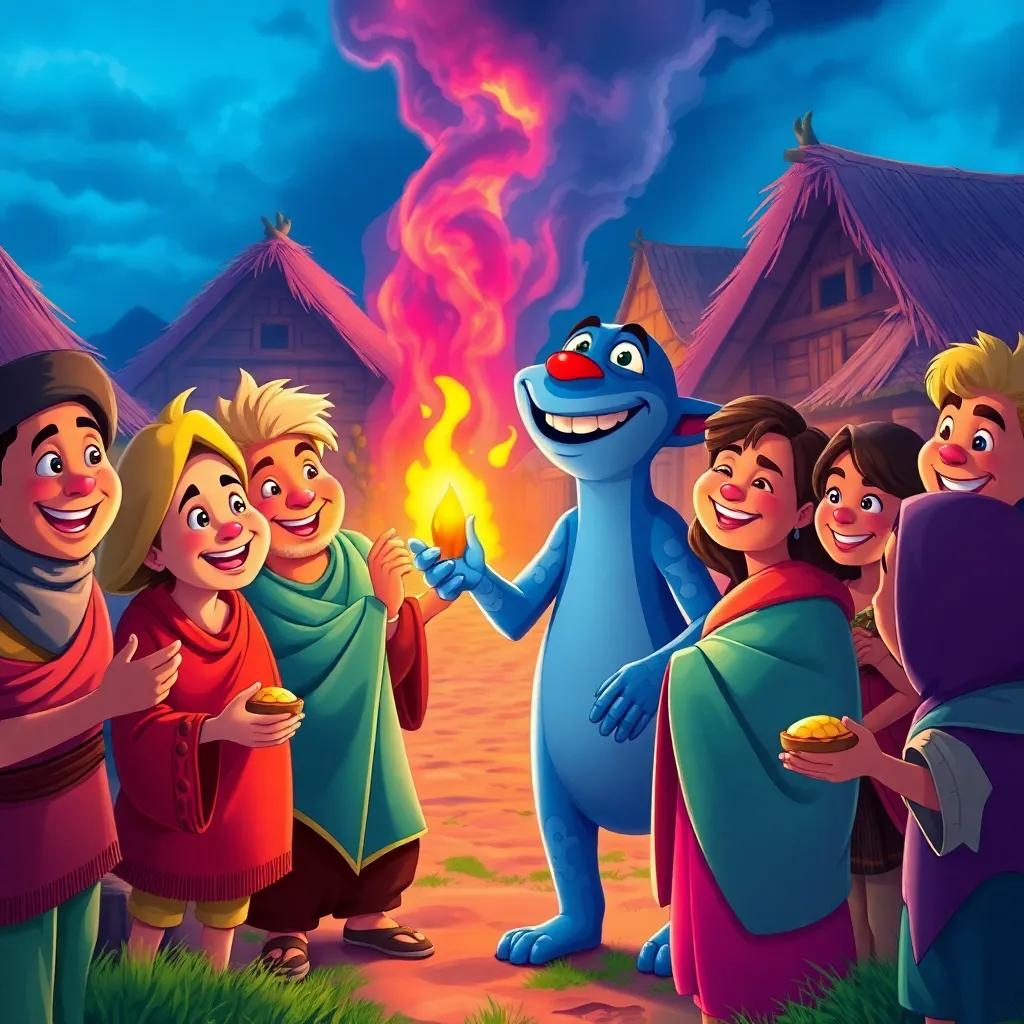 Villagers happily welcoming Drak with smiles and offerings after the storm, joyful reunion scene, vibrant colors, heartwarming, digital illustration, high quality