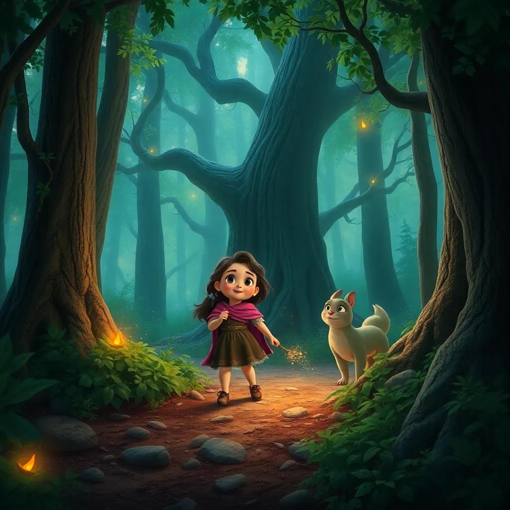 Sofía and Drak exploring the forest together, finding treasures and new adventures, magical atmosphere, enchanting trees, detailed digital art, high quality