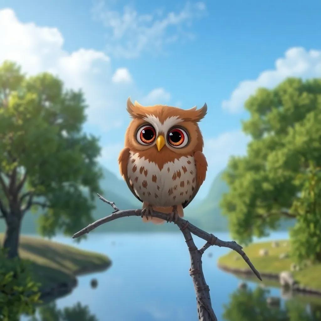 Un búho sabio, de plumas marrones, posado en una rama alta, observando a Rita con ojos grandes y brillantes, rodeado de árboles en un estanque, digital art, amigable, atmósfera acogedora, alta calidad