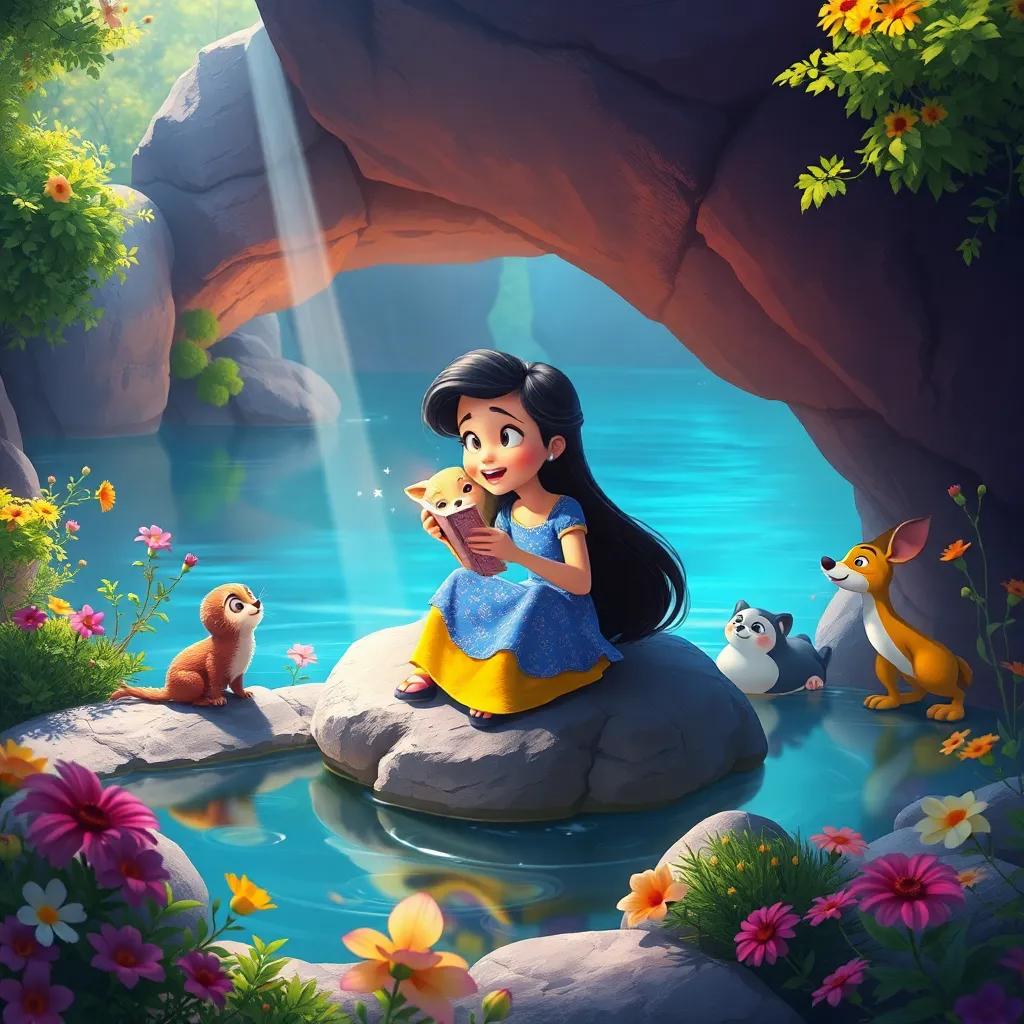 Un momento mágico mientras Rita canta en una roca, animales del estanque alrededor, asombrados y disfrutando, con flores y arbustos de colores a su alrededor, digital painting, alegre, rica en detalles, alta calidad