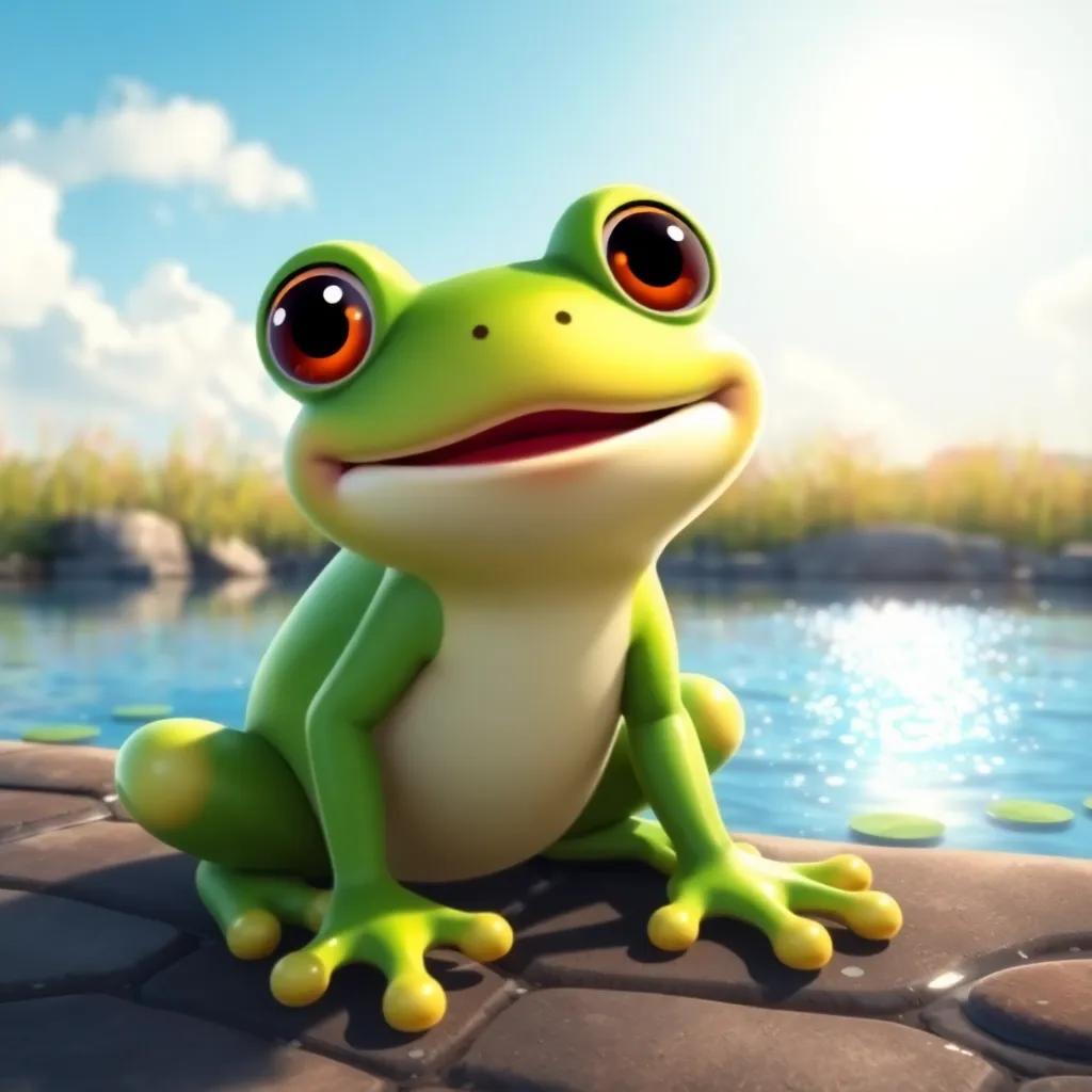 A green frog named Rita, full of curiosity and joy, sitting by a sparkling pond under a sunny sky, happy and playful, digital art, vibrant colors, cheerful atmosphere, high quality
