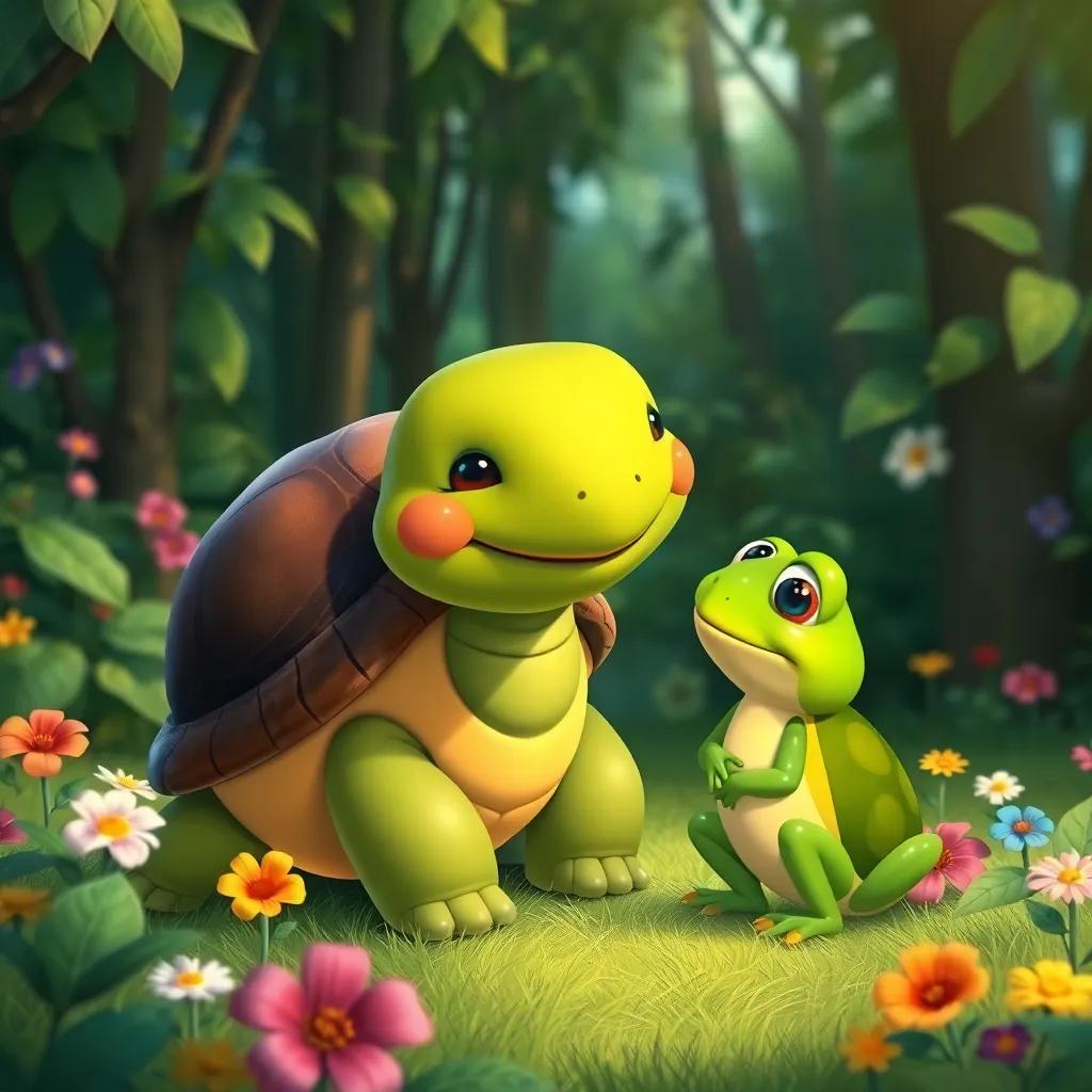 A wise turtle named Tula with a shiny shell, smiling gently at Rita the frog, in a green lush forest with colorful flowers around, illustration, friendly, warm light, inviting scenery, high quality