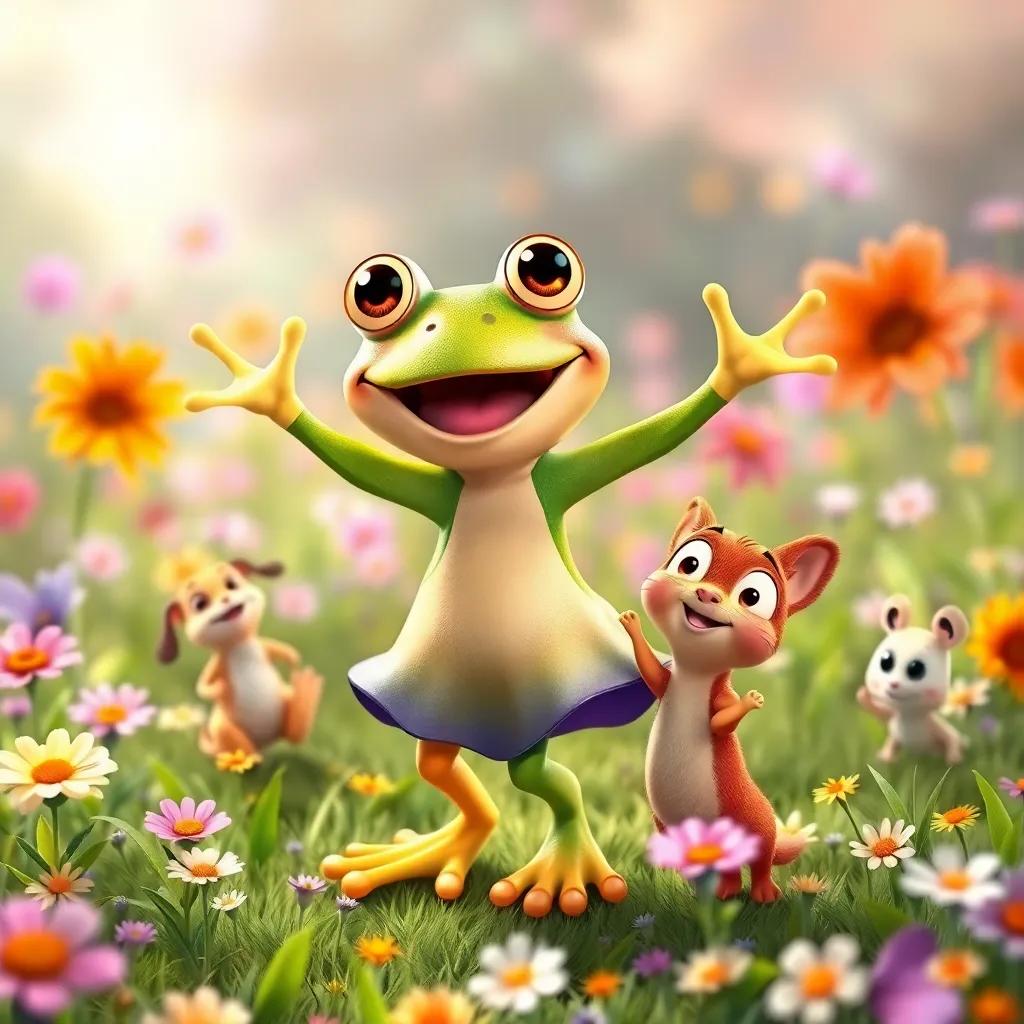 Rita the frog dancing with small animals, cheerful and vibrant, in a lively meadow full of flowers, happy expressions all around, happy memories revealed, bright colors, high quality