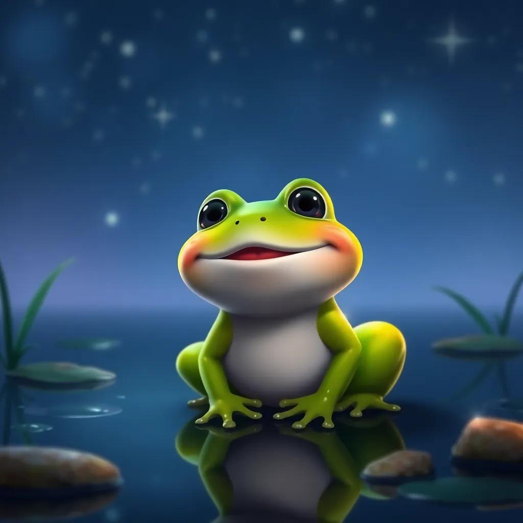 Rita the frog with joyful expression, at the pond at night with shimmering stars above, smiling gratefully, digital art, soothing colors, peaceful vibe, high quality