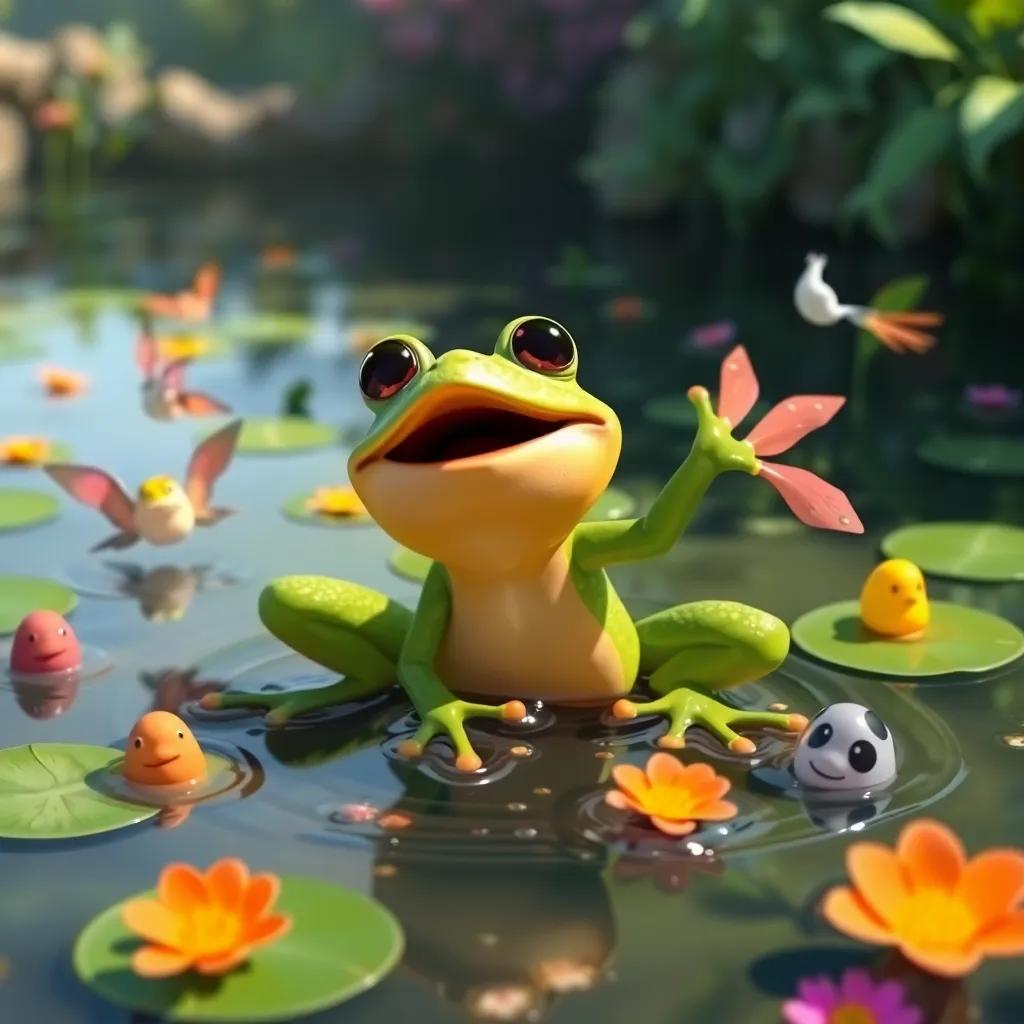 Rita the frog happily living her life in the pond, surrounded by friends, playing and enjoying the sunshine, colorful surroundings, joyful imagery, high quality