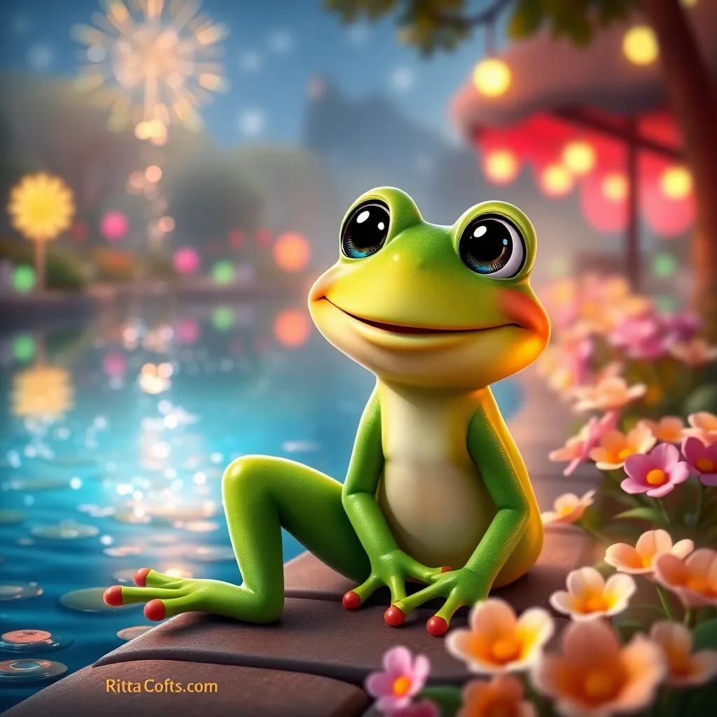 A green frog named Rita, with bright eyes and big smile, sitting by a sparkling lake, surrounded by colorful lights and flowers, cheerful atmosphere, digital art, vibrant colors, inviting scene, high quality