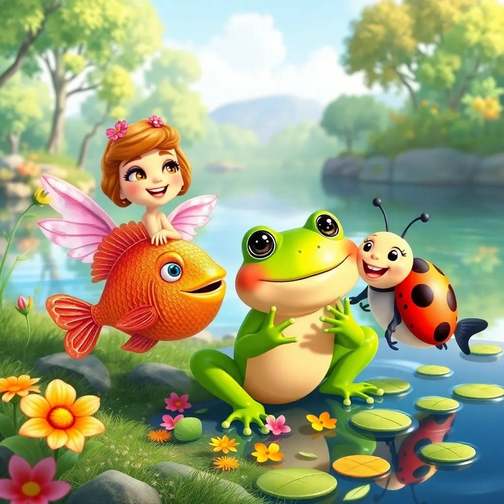 Rita the frog with her friends, Pablo the fish with shiny scales, and Lila the ladybug with red spots, gathering flowers and leaves near the lake, playful expression, colorful landscape, illustration, joyful teamwork, child-friendly