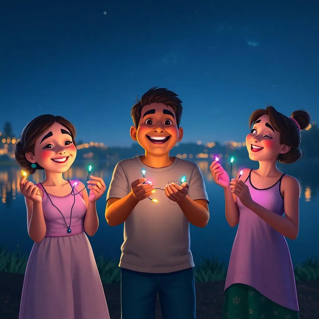 Rita, Pablo, and Lila showing colorful lights, laughing joyfully while preparing for the festival by the lake, night setting with soft glowing lights, warm and inviting colors, detailed digital art, celebration feel, high quality