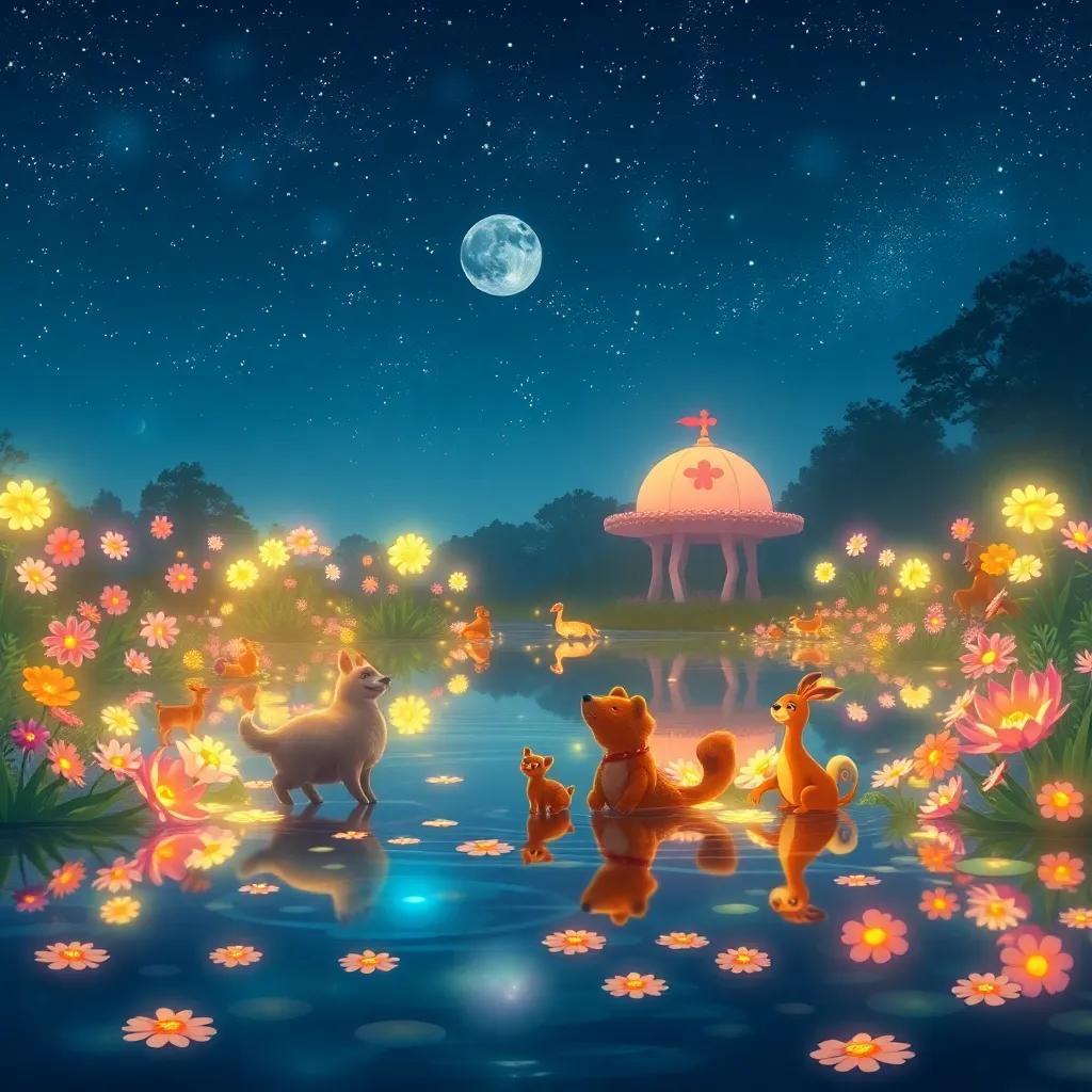 A magical lake at night filled with glowing lights and beautiful flowers, animals gathered around excitedly, reflecting bright colors in the water, whimsical illustration, enchanting atmosphere, heartwarming scene