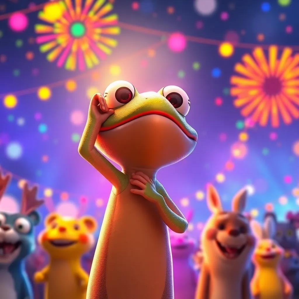 Rita the frog lighting up the festival, colorful lights illuminating the joyful faces of animals, a beautiful display of colors in the sky, special moment, cheerful environment, digital painting, upbeat vibe, high quality