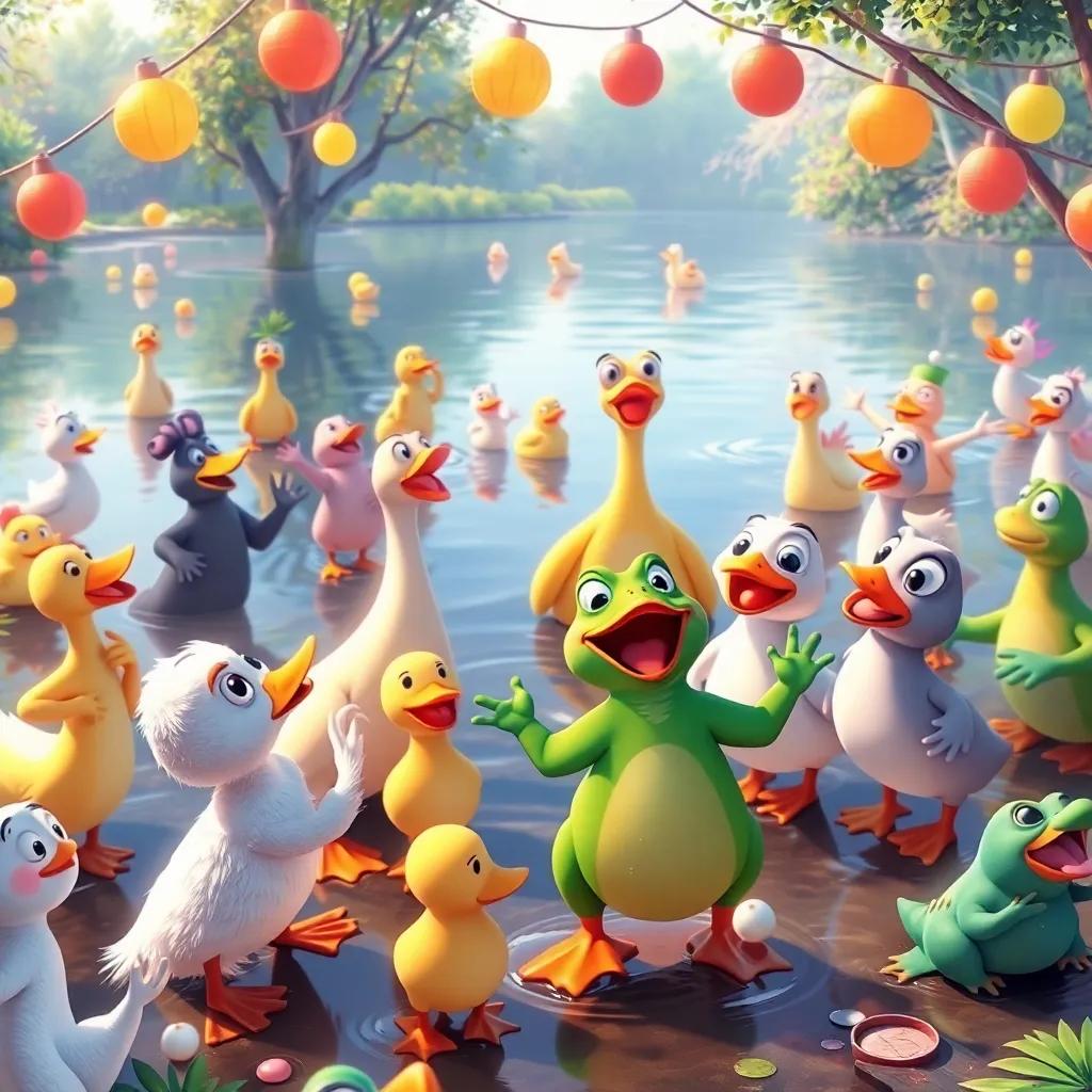 All animals at the lake, including ducks and other frogs, celebrating together happily, dancing and enjoying the festival, a sense of community, vibrant colors, heartwarming scene, child-friendly art, high quality
