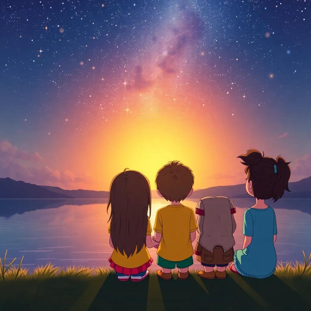 Rita and her friends looking up at the night sky filled with stars, reflecting on their teamwork, a peaceful lakeside scene, warm feelings of friendship, magical sunset, colorful illustration, child-friendly image, high quality