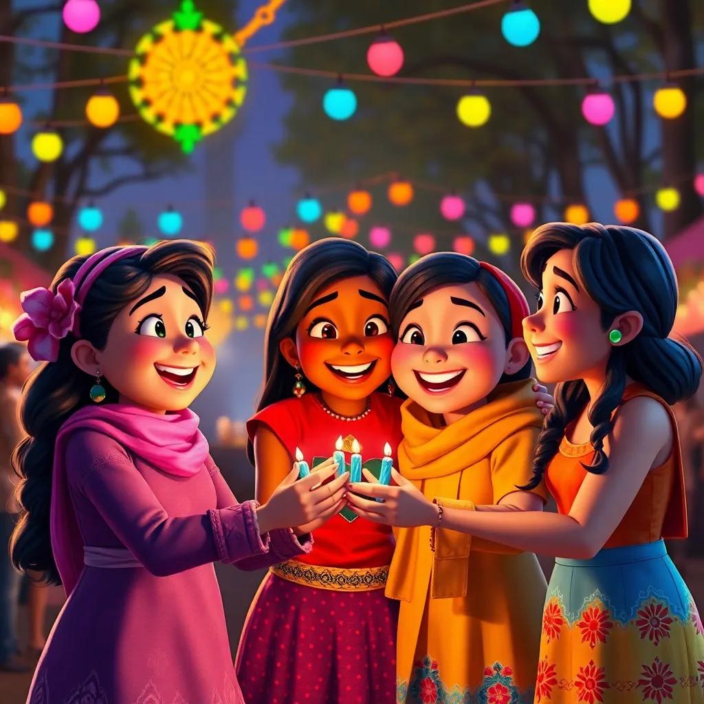 Rita and her friends making a pact to celebrate the festival every year together, under the colorful lights, smiling and happy, heartwarming environment, joyful surrounding, digital art, vibrant colors, high quality