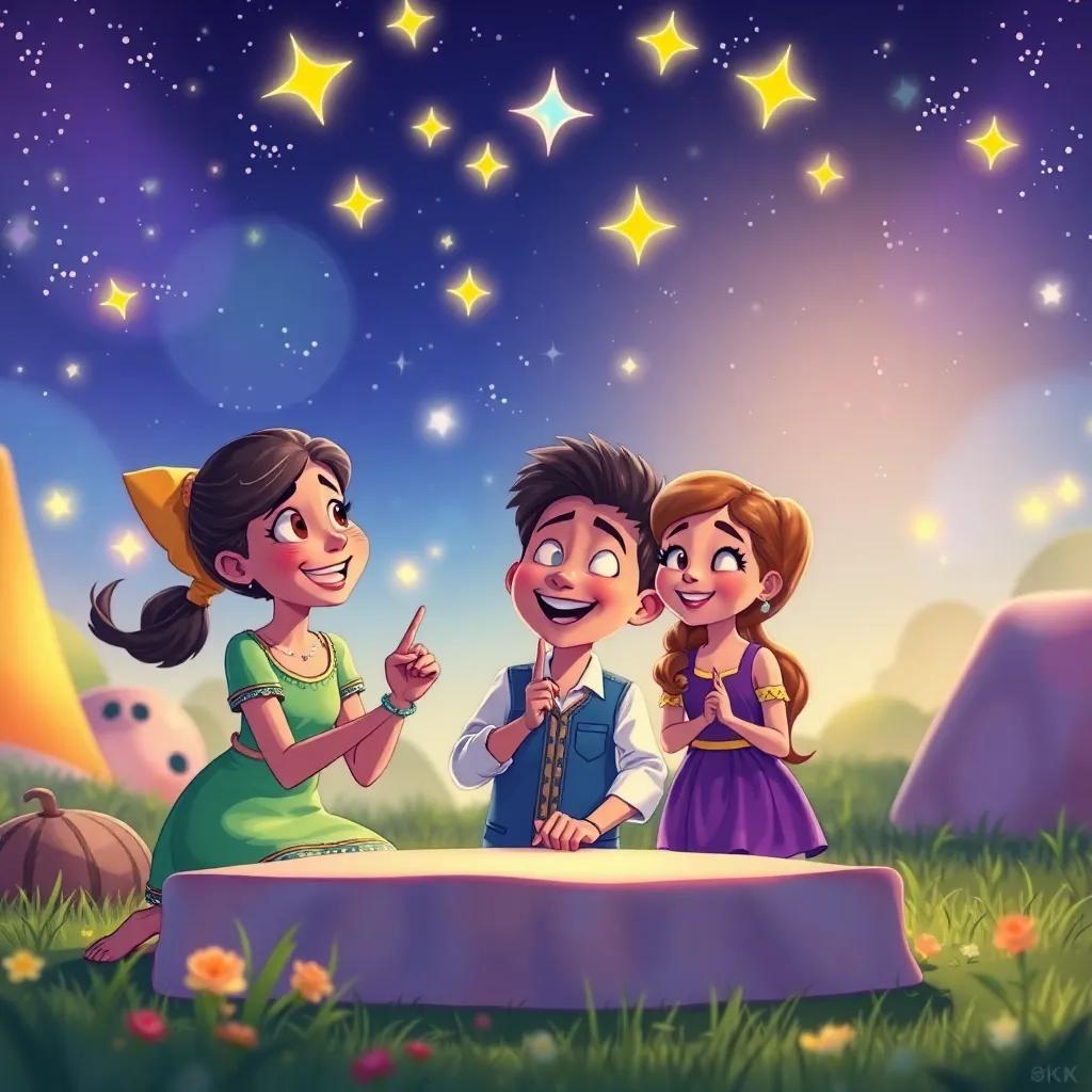 A cheerful scene of Rita, Pablo, and Lila signing their festival promise with bright stars above, reflecting their love for teamwork and friendship, magical environment, joyful vibe, detailed illustration, high quality
