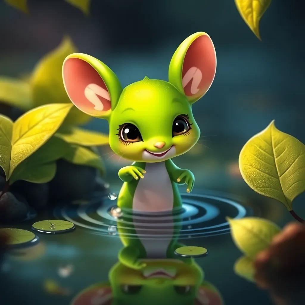 Una pequeña rana soñadora llamada Rita, con piel verde brillante, saltando entre hojas en un pequeño lago, un brillo de alegría en sus ojos, arte digital, colorido, ambiente alegre