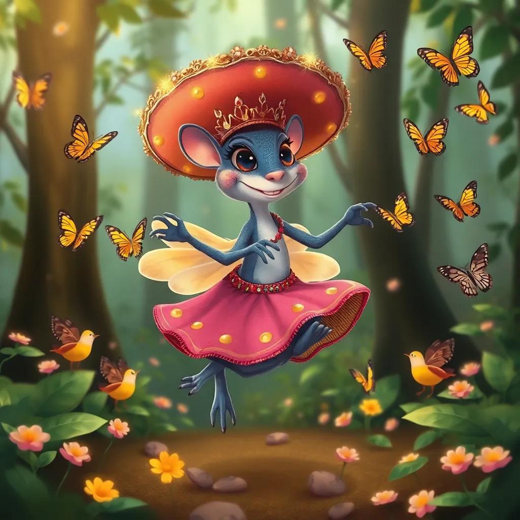 Rita, la rana, con un sombrero brillante de princesa, plumas y joyas, saltando en el bosque, rodeada de pájaros cantores y mariposas danzantes, ilustración colorida, mágica