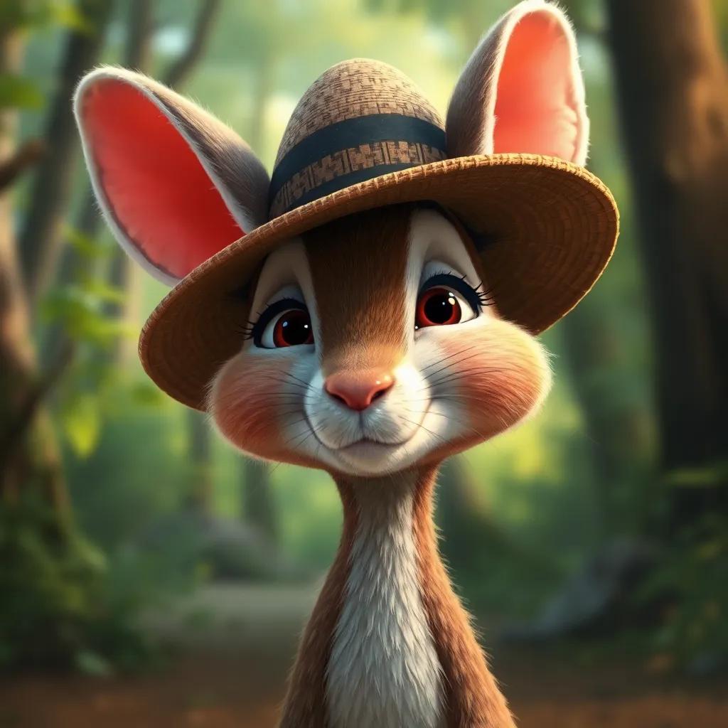 Una triste rana, Rita, mirando cómo los animales la ven diferente con su sombrero, una expresión melancólica, bosque frondoso al fondo, arte digital, colores suaves, perspectiva reflexiva