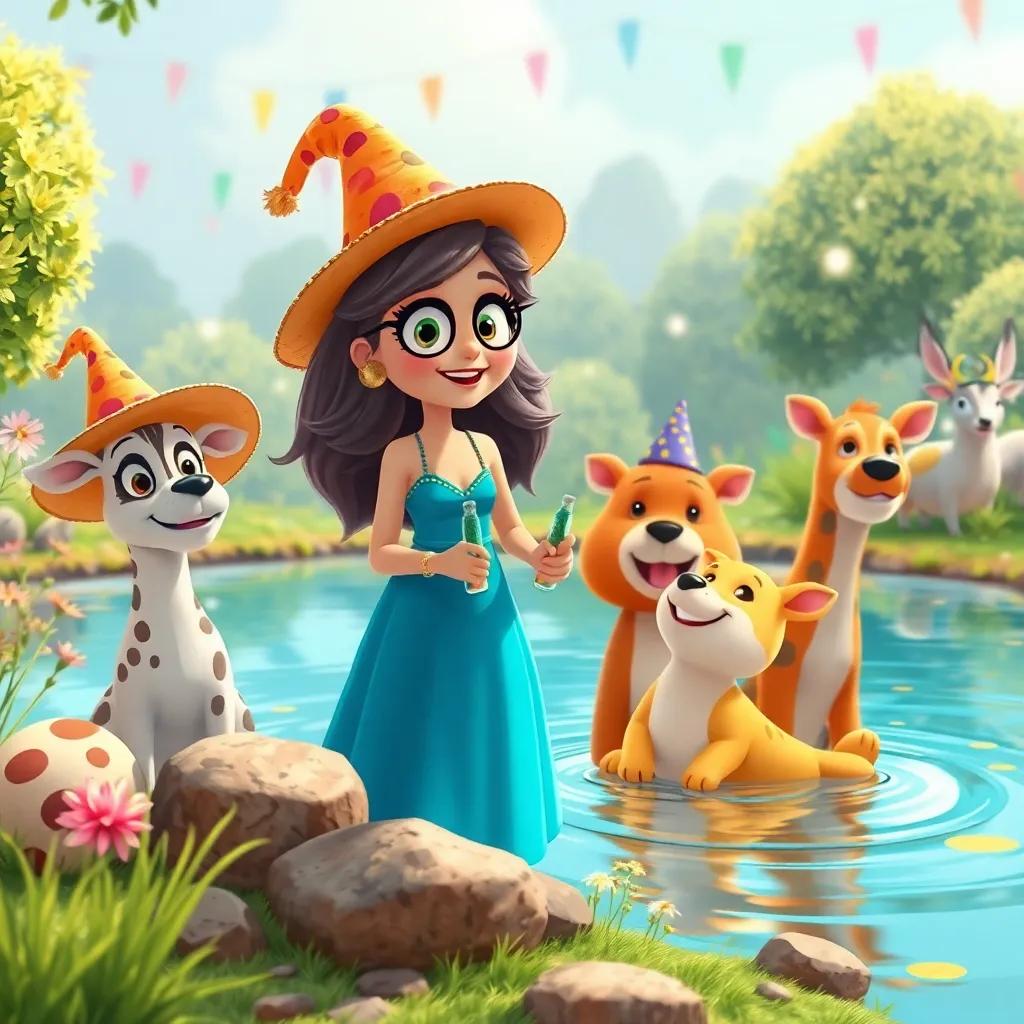 Rita organizando una fiesta en el estanque, animales de diferentes especies con sombreros divertidos, música y risas en el aire, ilustración vibrante, llena de felicidad
